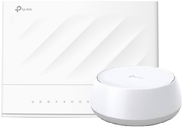 A TP-Link VX230v Dual-Band Wi-Fi 6 Modem Router and HB210 Pro WiFi 7 Mesh Unit.